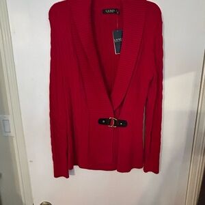 Ralph Lauren Red Cable Knit Cardigan with Buckle Detail